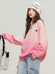 JUTU 春秋女款马匹印花卫衣，美式休闲渐变色宽松套头衫 - 818裸粉色-1182黑 - 查看 5