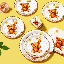 25pcs Teddy Bear Themed Disposable Tableware Set, Including Plates, Napkins, Cups, Suitable For Birthday, Wedding, Party, Family Picnic - Multicolor - View 4