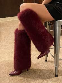 Women's Fluffy Fur Pointed Toe Stiletto Heels Knee High Boots Holiday Vacay Vibe For Elegant Fashionable Boots Spring Summer Party Evening Gala - 酒紅色 - 查看 3