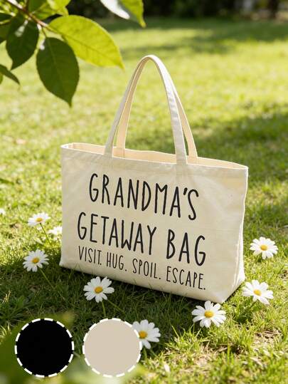 1pc Canvas Tote Bag With "Grandma'S Getaway Bag"Letter Pattern, Annual Party Carrying Gift Bag, Simple And Elegant, Bridesmaid Wedding Gift Bag, Makeup Bag, Travel Simple Storage Bag, Large Capacity Travel Makeup Bag: The Perfect Match For Outdoor Beauties! Suitable For Weddings, Birthdays, Beaches, And Holidays,Mother's Day Gift,The Best Gift For Family Members