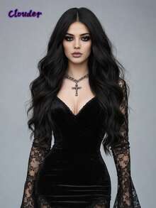 clouder Gothic Punk Black Long Wavy Curly Wig 26-Inch Center-Parted Bangs Heat-Resistant Synthetic Fiber Wig Women's Soft Voluminous Curls Suitable For Daily Cosplay, Street Style, Holiday Parties, Music Festivals, Y2K Aesthetic, Avant-Garde College Style, Modern Fashion Punk Looks - 黑色 - 查看 3