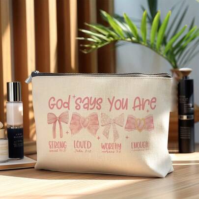 Elegante bolsa de maquillaje con lazo rosa - Regalo cristiano inspirador para mujeres, bolsa de cosméticos con estilo universitario de moda, excelente regalo de cumpleaños/festividad para hija, novia, mejor amiga