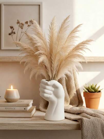 1 pièce Vase en plastique au look céramique unique, sculpté à la main. Style minimaliste moderne de style boho et fermier. Décoration artistique blanche texturée, forme de main creuse, design élancé pour herbe de la pampa, fleurs séchées et artificielles. Pièce maîtresse de décoration pour le salon, la chambre, le mariage, la décoration de table printanière