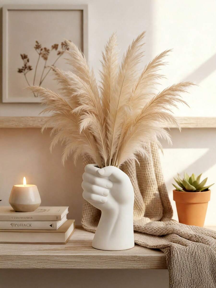 1个独特的手工雕刻陶瓷质感塑料花瓶，现代波西米亚农舍极简风格，白色纹理艺术装饰，空心手形，高挑设计，适合插放蒲苇草、干花和人造花，家居装饰中心摆件，适用于客厅、卧室、婚礼、春季餐桌装饰 - 多色 - 查看 1