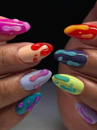 24pcs Y2K Almond 3d Gel Colorful French Tip Press On Nails ,Rainbow Macarons With Droplet-Shaped Color Design,European And American Sweet And Cool Style, Easy To Wear Acrylic False Nail Set,Contain 1pc Jelly Glue And 1pc Nail File, Suitable For Women And Girls Daily Life And All Kinds Of Party Use Nail Supplies
