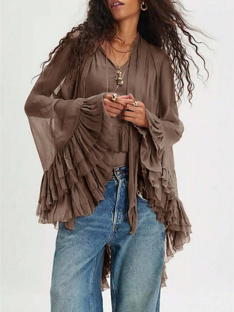 Women Ruffle Sheer Top Long Sleeve Bow Tie Design See Through Mesh Blouse Tops Oversized Flowy Chiffon Tunic Shirts - 淺棕 - 查看 1