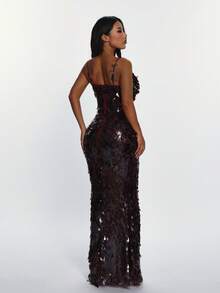 Women's Shiny Sequin Deep V-Neck Spaghetti Strap Mermaid Maxi Dress - Suitable For Galas, Wedding Guests, And Evening Cocktail Parties - Burgundy - View 5
