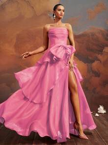 VIPGIRL 优雅浅紫色无肩带蝴蝶结层叠高开衩正式长款礼服，及地正式晚礼服，女士舞会礼服，时尚鸡尾酒会礼服，迷人宴会礼服，女士正式晚礼服 - 紫丁香色 - 查看 2