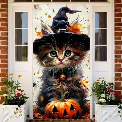 1pc Halloween Themed Door Banner, Witch Cat & Pumpkin Design Premium Polyester 180x90cm, Clear Printing & Washable Hanging Curtain For Halloween Home & Party Decor