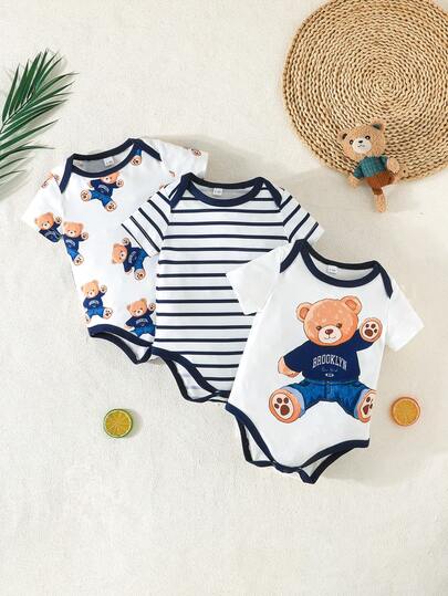 Bộ 3 món áo liền quần cho bé in hình gấu hoạt hình dễ thương, áo liền quần tay ngắn thoải mái cho bé mặc ngoài trời mùa hè.
