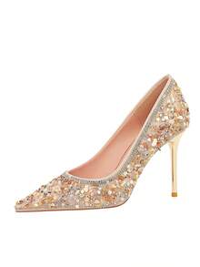 Pointed Toe Rhinestone Embellished Bridal Qipao Shoes, Glitter High Heel Party Pumps For Women - Pink - View 10