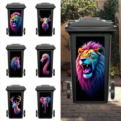 1pc Neon Animal Head Trash Can Stickers, Waterproof Vinyl Decals, Bull, Flamingo, Lion For Outdoor Bins, Garage & Street Decor | Punk Cyber Style