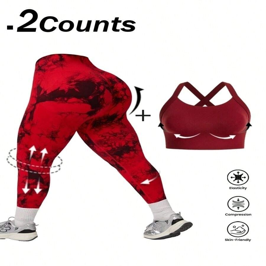 Conjunto deportivo de mujer talla grande 2 piezas: Leggings sin costuras de punto con estampado de mármol rojo y sujetador deportivo de espalda cruzada color burdeos, elástico, compresión, amigable con la piel, perfecto para entrenamiento y uso diario - Borgoña+Rojo - Ver 1
