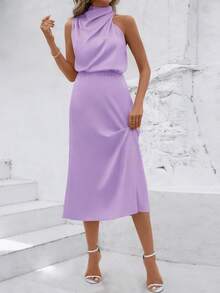 畅销欧美时尚女式缎面无袖中长连衣裙，优雅百搭设计，适合夏季晚宴派对。 - 淡紫色 - 查看 4