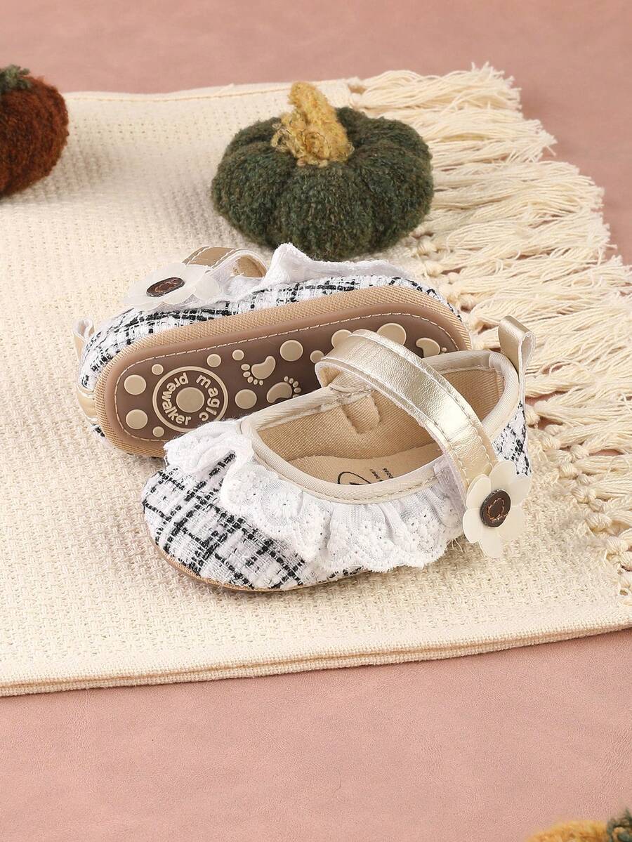 1 Pair Cute Lace Trim Flat Shoes, Princess Shoes, Soft Bottom Pre-Walker Shoes, Suitable For 6-9-12 Months Infants, Party & Wedding