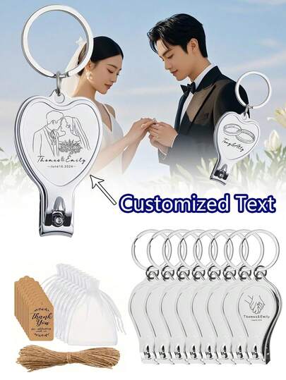 Customize 1/15/30 Sets Of Stainless Steel Heart-Shaped And Teardrop-Shaped Nail Scissors, Including Cards, Mesh Bags, And Hemp Ropes, With A Bottle Opener And Dual-Function Keychain. Ideal For Family And Friends, This Practical And Multifunctional Keychain Serves As Perfect Party Gifts, Wedding Favors, Advertising Promotional Items, And Graduation Season Keepsakes. High-Quality And Durable Keychain