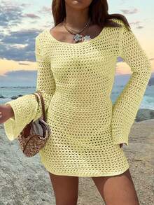 女士纯色性感镂空露背针织沙滩度假修身长袖罩衫迷你连衣裙，春夏款 - 淡黃色 - 查看 5