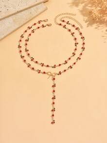 2pcs/Set Romantic Cherry Handmade Chain Bow Y-Necklace, Fashion Jewelry Gift For Women, Suitable For Daily Wear And Party, Handmade Chain Length Customizable - Multicolor - View 2