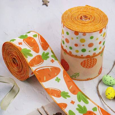 1 Roll Easter Carrot-Patterned Ribbon | Orange And Multicolor Bow Ribbon For Party Gift Wrapping And Crafts