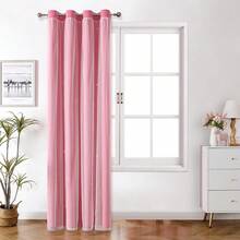 1pc Hollow Star Sheer Curtain, Polyester Lace Double Layer Curtain, Darkening Curtain For Living Room Bedroom, Cute Style - Coral Pink - View 25