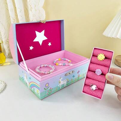 1个独角兽图案箔纸首饰盒，可拆卸隔层纸盒带镜子，适合卧室收纳，可存放珠宝、耳环、手镯等，拱形设计，是情人节、生日、婚礼、家居和礼品的理想之选。