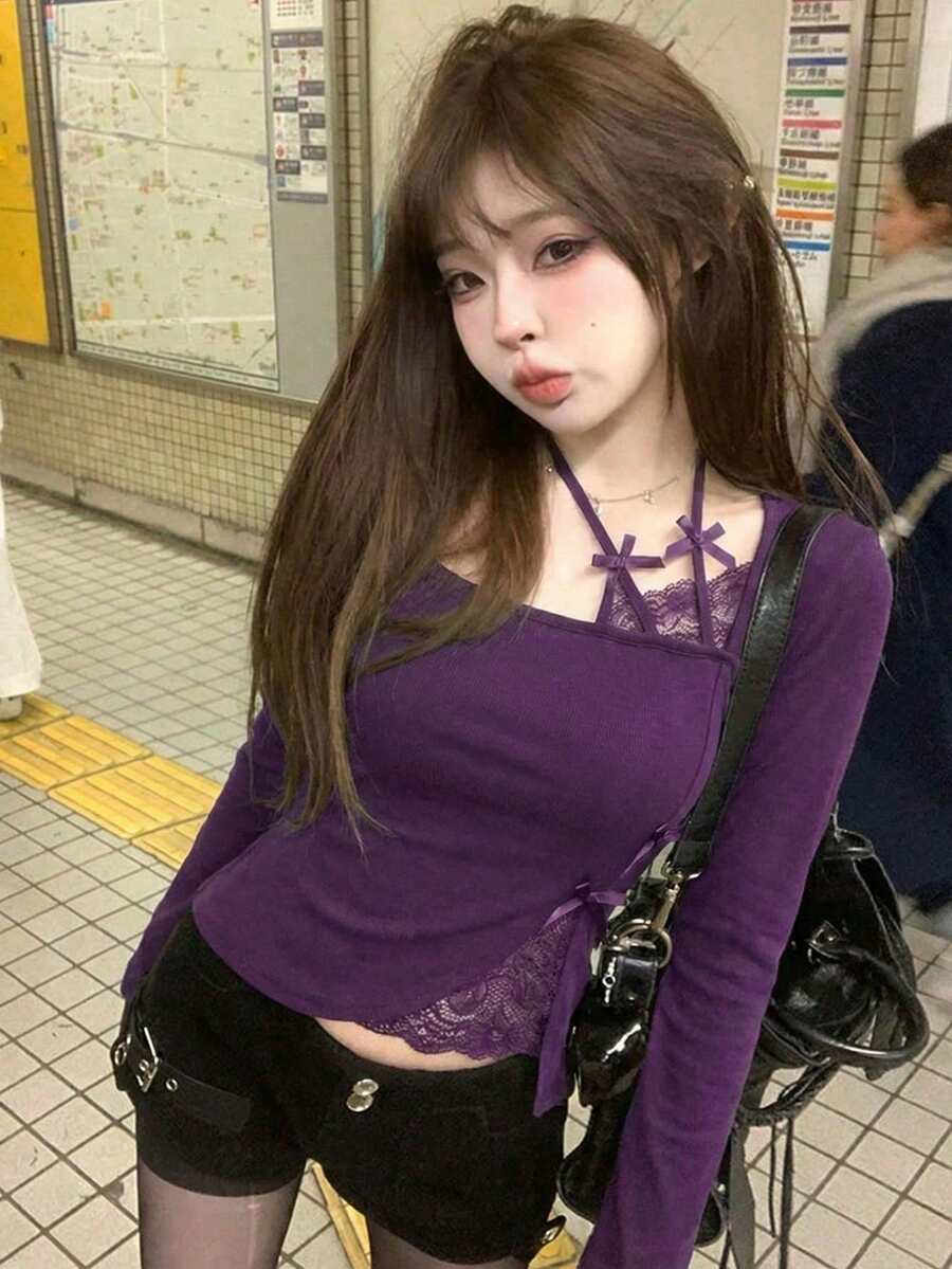 性感撞色蕾丝长袖T恤，修身剪裁，优雅时尚，春季必备 - 紫色 - 查看 1