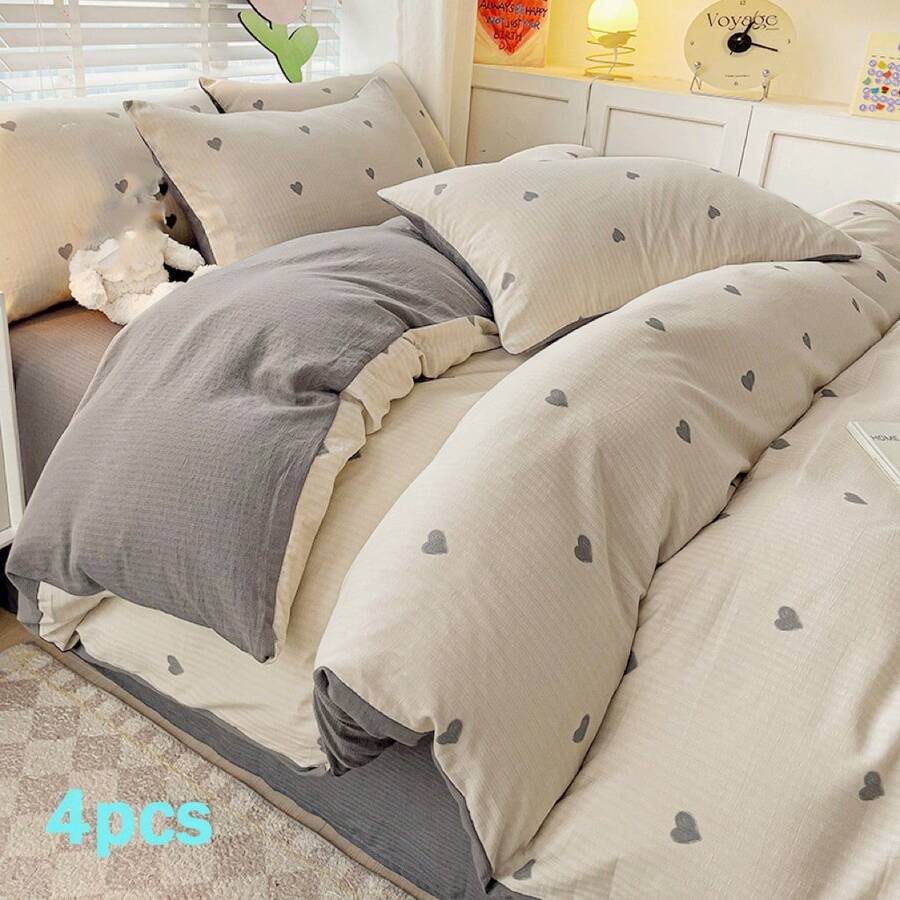 4pcs Bedding Set, Light Gray Heart Pattern Printed Duvet Cover With Zipper Closure, Solid Color Flat Sheet, Suitable For All Seasons, Minimalist Nordic Style Bedding Set, Soft And Breathable Home Bedding, Machine Washable, Suitable As Gift For Friends And Family, Valentine's Day, Ramadan, Includes 1 Duvet Cover (Without Filler), 1 Flat Sheet, 2 Pillow Shams (Without Filler) - Mori - View 1