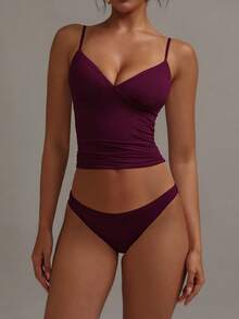 XLLAIS 性感V领褶皱吊带背心，弹力休闲夏季款 - 紫紅色 - 查看 5