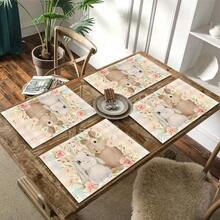 1/4/6 pezzi Serie Pasquale, Un paio di conigli abbracciati circondati da fiori rosa e bianchi e foglie verdi stampati su tovaglietta/tovaglia, realizzata in lino, lavabile a mano - adatta per tavolo da pranzo, cucina, festa, decorazione della casa - Multicolore - Visualizzare 7