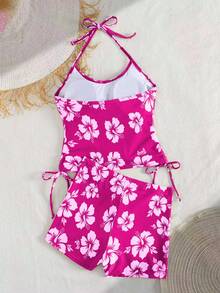 2 pièces/set Maillot de bain tankini à imprimé floral avec Top à bretelles et short modeste, style élégant et sexy pour les vacances à la plage en été - Multicolore - Voir 3