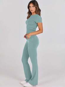 Lounge Sets For Women 2 Piece Foldover Yoga Flare Leggings Pants Crop Tops Casual Y2K Outfits Matching Tracksuit Set - 綠湖 - 查看 3