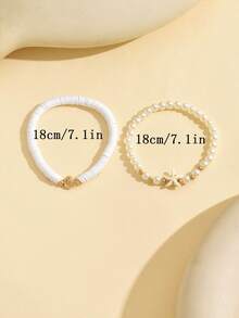 2pcs/Set Handmade Beaded Starfish Bracelet, Polymer Clay Faux Pearl Jewelry Set, Suitable For Daily Wear - Gold - View 4