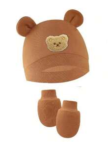 婴儿熊耳帽带防抓手套，婴儿针织帽，适合0-6个月婴儿 - 2pcs - 查看 5