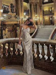 U领露背吊带高腰派对晚礼服，完美适用于婚礼、伴娘及各种派对场合。 - 香檳色 - 查看 1