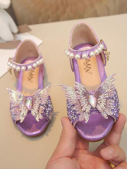Sandalias planas para bebé niña con lazo, diamantes de imitación y perlas - Zapatos de princesa
