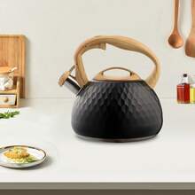 1pc, Tea Kettle, Loud Whistling Kettle For Boiling Water Coffee Or Milk, 3L Heavy Stainless Steel Black Kettle With Wood Pattern Handle, Unique Button Control Kettle Outlet - Negro - Ver 5