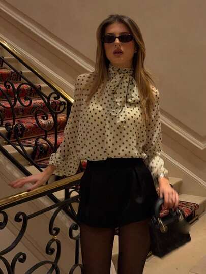 HH Women's Retro Polka Dot Print Casual Top, Fashion Bow Elegant Loose Long Sleeve Blouse For Work