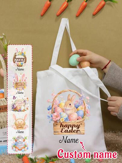 Custom Easter Tote Bag With Bunny And Floral Design, Personalized Name Shoulder Handbag For Spring Celebrations, Customized Reusable Carryall For Holiday Gifting, Customizable Text Makes A Thoughtful Seasonal Gift For Family, Friends, Parties