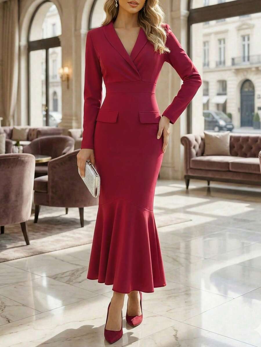 Damen einfarbiges V-Ausschnitt Blazer Kleid mit Fake Tasche und Langarm, figurbetonter Meerjungfrau-Saum, geeignet für Party, Büro, elegant, Kirche, Lässig, Valentinstag, Ramadan, Date Night, Garten, Fotoshooting, Strand, Urlaub, Kombination aus Anzug und Kleid, Burgunderrot, vintage schmeichelhaft, taillierend, vielseitig - Rot - Übersicht 1