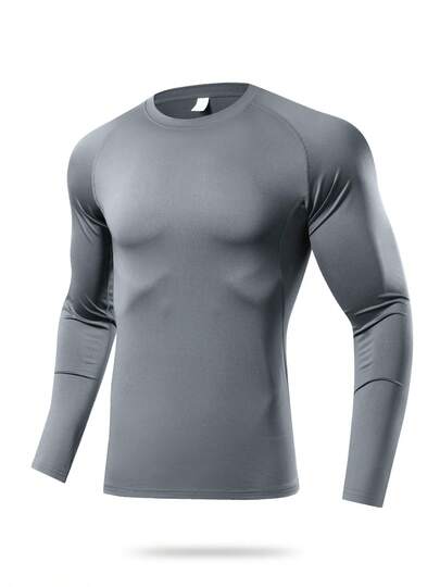 1pc Men's Compression Long Sleeve Fitness Top, Tight Core Workout Base Layer