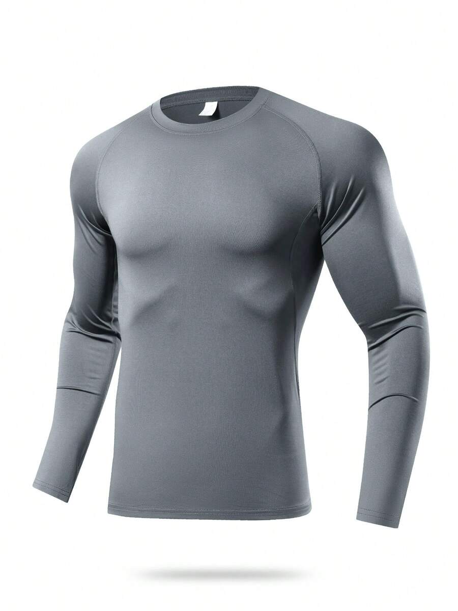 1pc Men's Compression Long Sleeve Fitness Top, Tight Core Workout Base Layer Spring - Grey - View 1