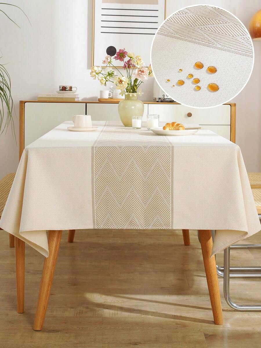 1pc Geometric Pattern Jacquard Waterproof Tablecloth, Polyester Fabric, Rectangular Or Square, Suitable For Living Room, Dining Room, Party, Home Decor, Room Decor, Tabletop Decor And Holiday Gift, Multiple Sizes Available, Machine Washable - Beige - View 1