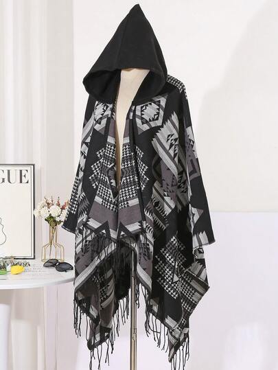 1pc Women's Winter Hooded Poncho, Jacquard Geometric Travel Cloak Shawl Jacket