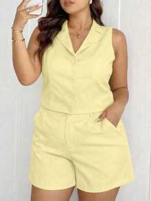 MICHLEE Women's Plus Size Set With Sleeveless Vest And Tailored Shorts - Amarillo - Ver 2