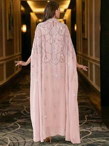 优雅串珠蝙蝠袖长款立领阿巴雅长袍，梭织面料刺绣设计 - 淺粉色 - 查看 3