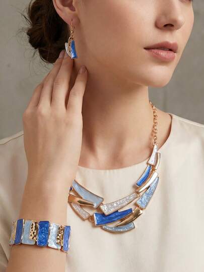 Cring Coco Set di gioielli da donna da 3 pezzi, set di collana, orecchini e bracciale in stile boho con smalto blu e design geometrico minimalista, adatto per uso quotidiano, feste, festival, festa della mamma, compleanni, regali