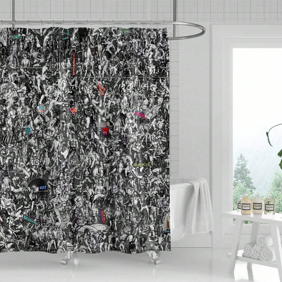Rare 71x71  Shower Curtain: Hundreds Of Tom + Gohard Landmarks + Finland Men - White - View 1