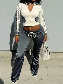 2pcs Women's Casual Set, Cropped Top With Zipper Drawstring Pants, Medium Stretch, Pockets - Apricot - View 3