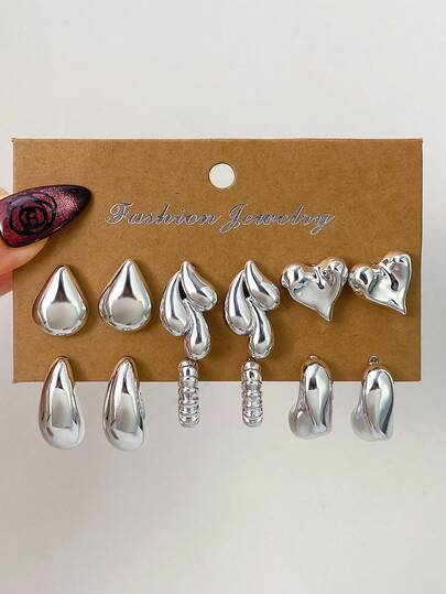 6对/套 时尚几何CCB心形耳环套装 女士日常装饰首饰礼品