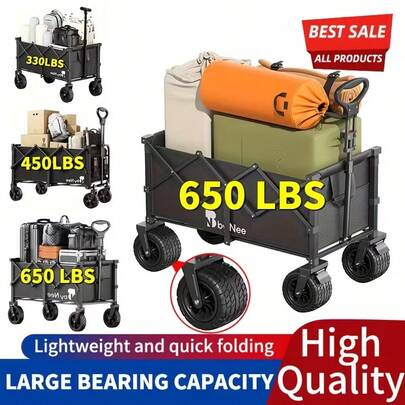 BN BY NEE 1 Pc Collapsible Foldable Wagon Cart, Trailer Holds 330 Lbs. Heavy Duty Multipurpose Garden Cart - All Terrain Utility Cart With Metal Frame For Beach, Lawn, Sports, Camping - Black Outdoor Decor